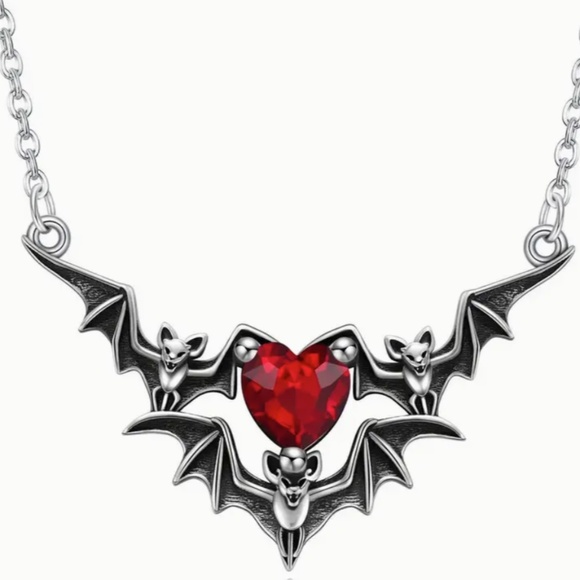 Gothic Punk Style Bat Wing Heart Pendant Necklace with Rhinestone Accents - Picture 1 of 6